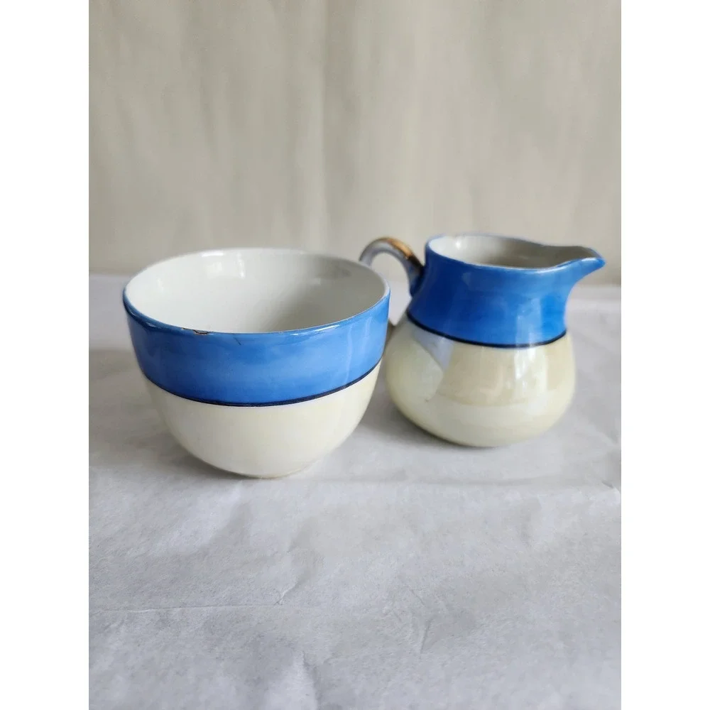 Vintage Chikaramachi Hand Painted Porcelain Creamer Sugar Set Blue Lusterware